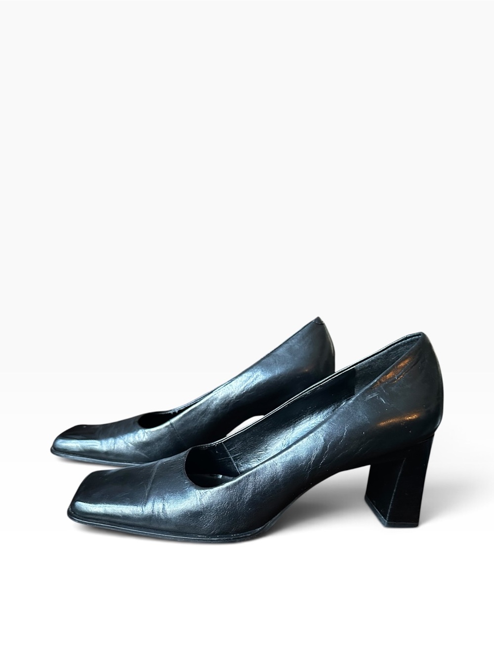 Vintage Nine West Black Leather Square Toe Block Heel Pumps Size 8.5M